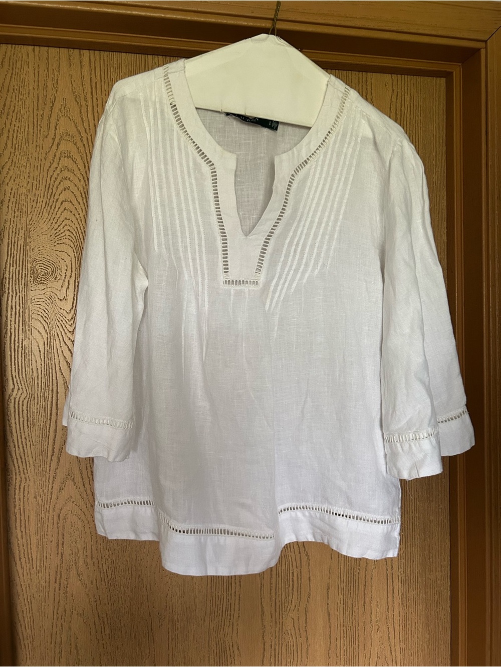 Ralph Lauren White Linen V-Notch Tunic with Pintucks
